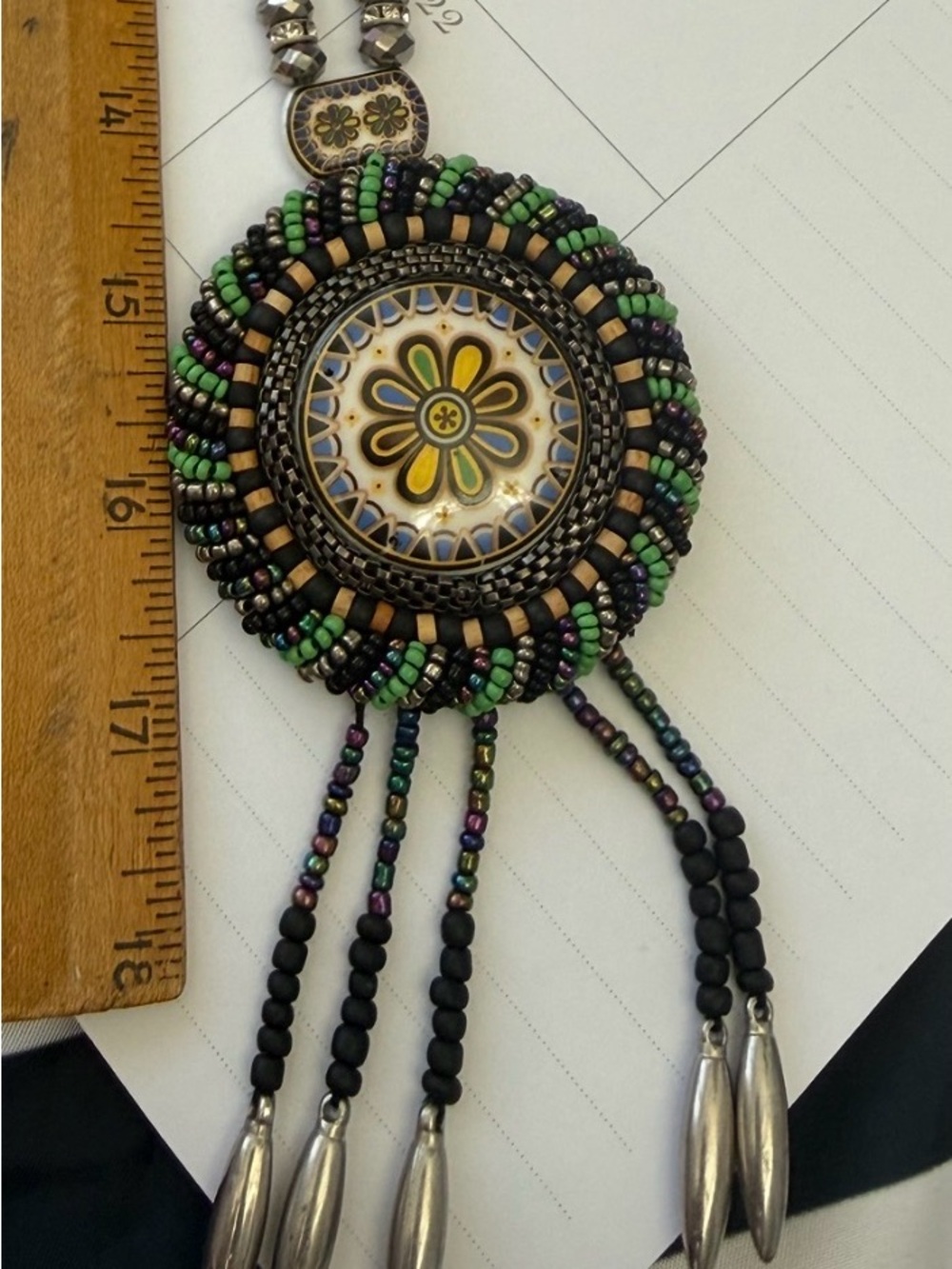 Boho Beaded Pendant Necklace with Floral Medallion - Green & Black long necklace
